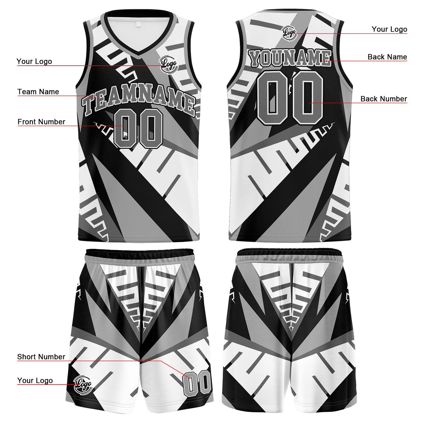Custom White Black Grey Basketball Jersey Uniform Suit Printed Your Logo Name Number