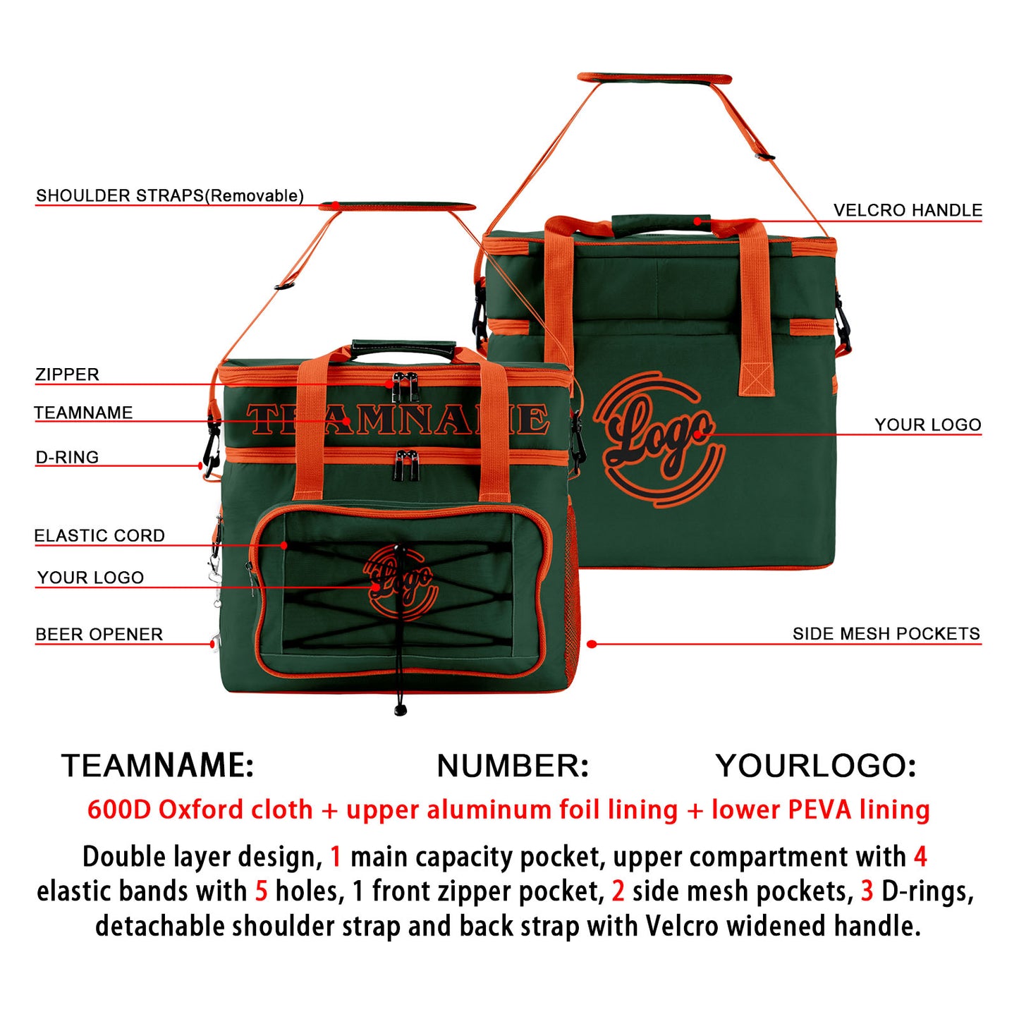 Custom Dark Green Orange Double Layer Insulated Cooler Bag - 600D Oxford Waterproof Picnic Tote for Camping, Hiking & BBQ - Large Capacity Thermal Lunch Bag