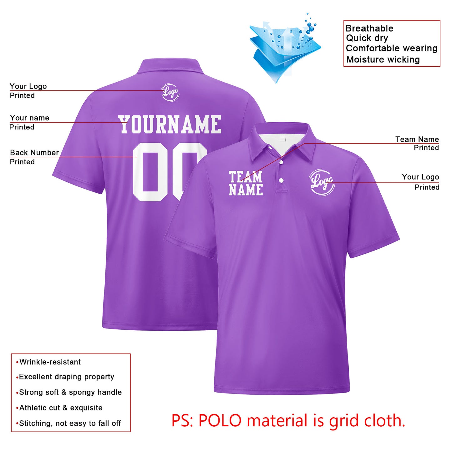 Custom Purple White Football Polo Shirts  Add Your Unique Logo/Name/Number