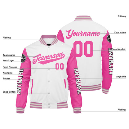 Custom White Pink Varsity Jackets for Men Women Youth Personalized Letterman Jackets