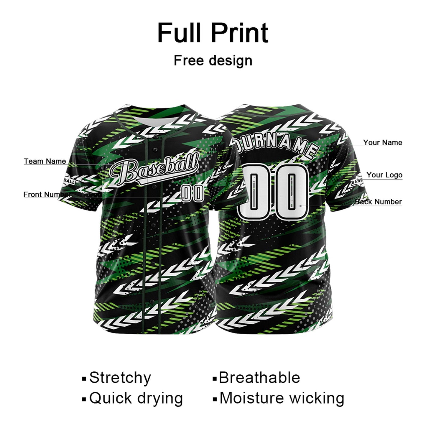 Custom Black Green Button Down Baseball Jersey for Men Women Adult Youth Print Name Number Logo