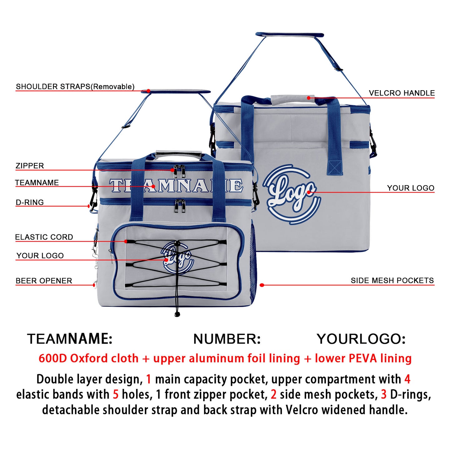 Custom Gray Dark Blue Double Layer Insulated Cooler Bag - 600D Oxford Waterproof Picnic Tote for Camping, Hiking & BBQ - Large Capacity Thermal Lunch Bag