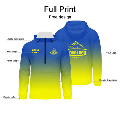 Custom Blue Yellow Windproof Softshell  Hooded Jacket - Lightweight Full - Zip, Full Print Logos & Texts