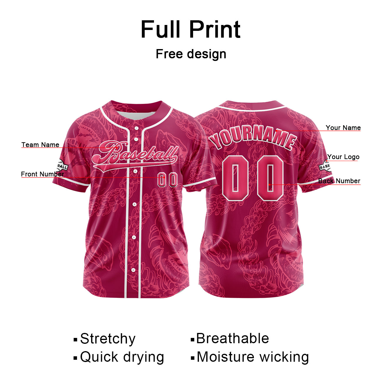 Custom Rose Red Button Down Baseball Jersey for Men Women Adult Youth Print Name Number Logo