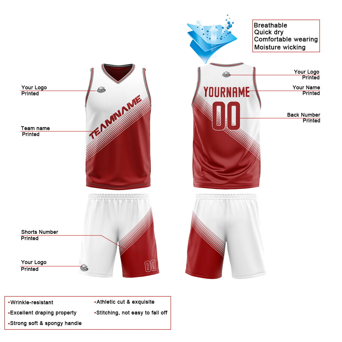 Custom White Red Reversible Basketball Suit for Adults and Kids Personalized Jersey