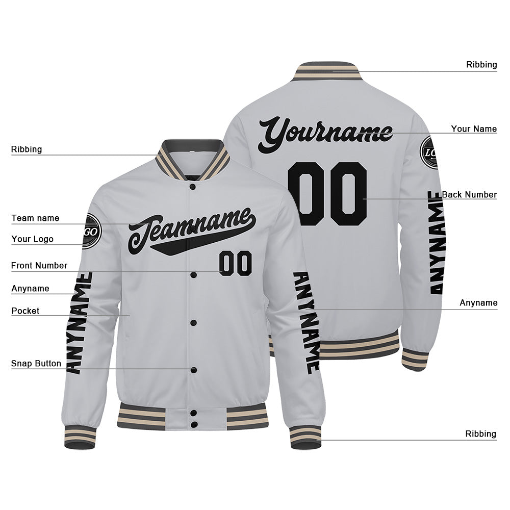 Custom Grey Black Varsity Jackets for Men Women Youth Personalized Letterman Jackets