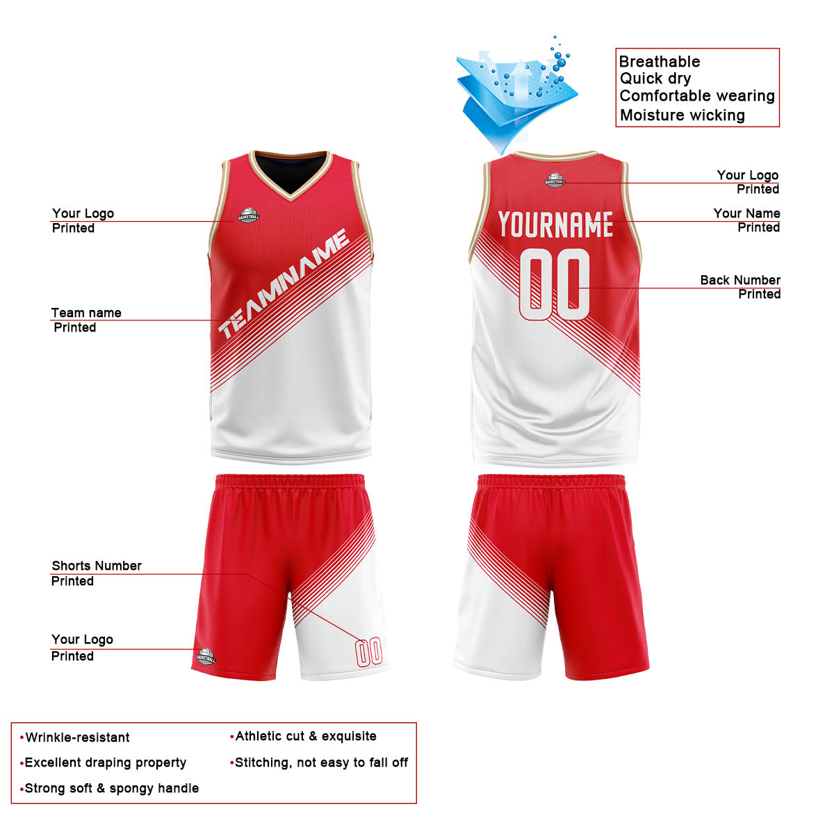 Custom Red White Reversible Basketball Suit for Adults and Kids Personalized Jersey
