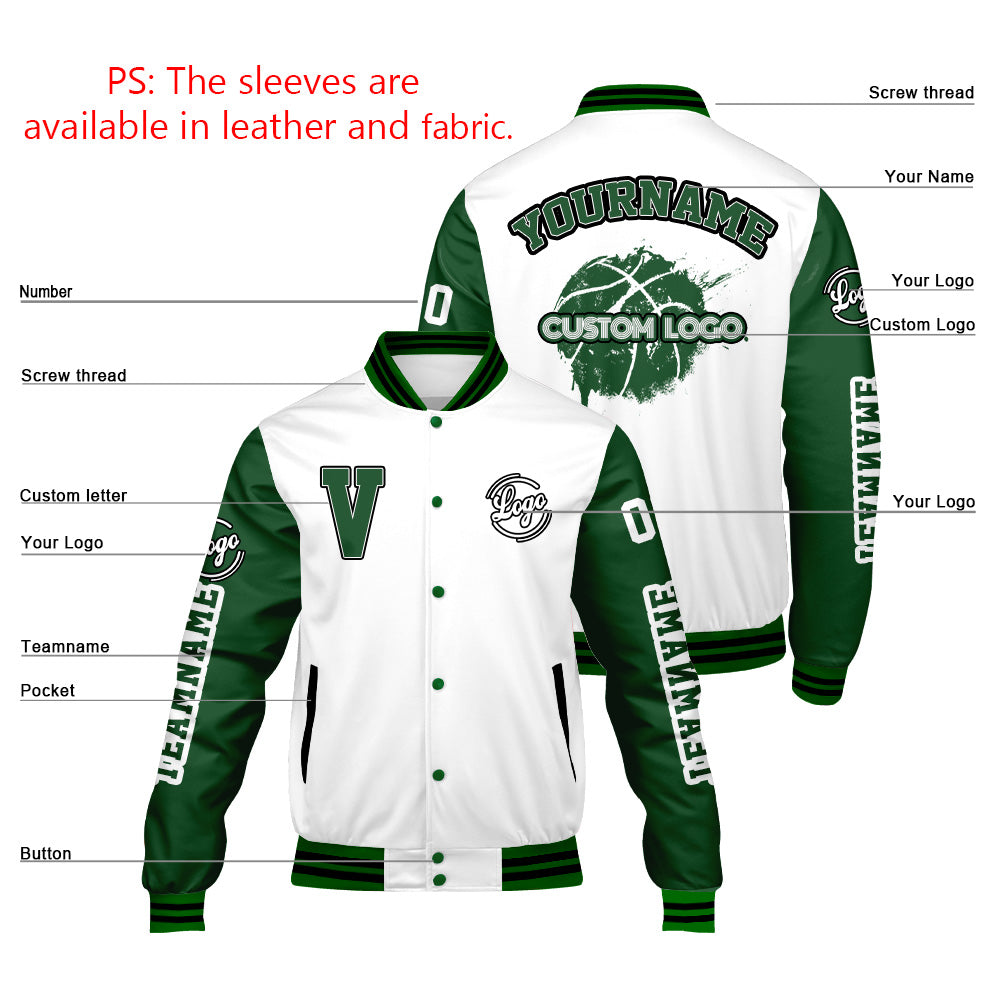 Custom White Green Varsity Jackets for Men Women Youth Personalized Letterman Jackets