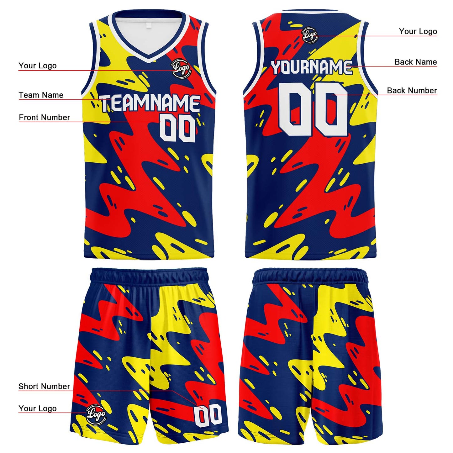 Custom Navy Red Yellow Reversible Basketball Suit for Adults and Kids Personalized Jersey