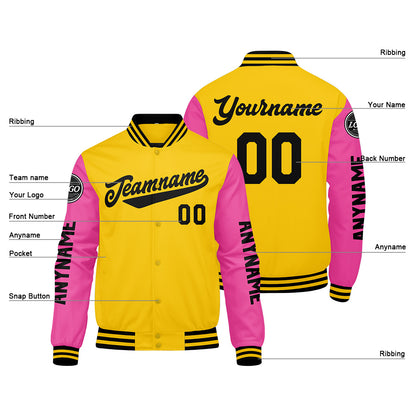 Custom Yellow Pink Black Varsity Jackets for Men Women Youth Personalized Letterman Jackets