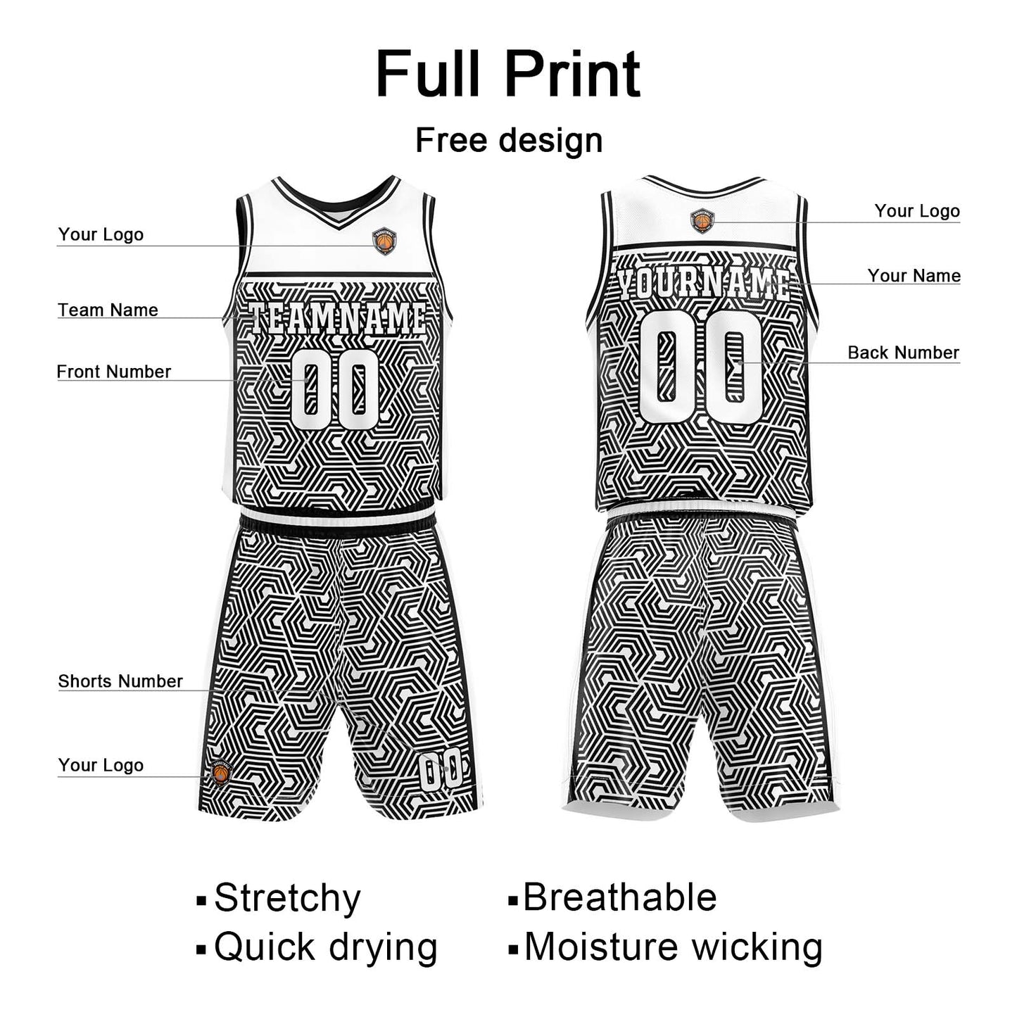 Custom White Black Basketball Jersey Uniform Suit Printed Your Logo Name Number
