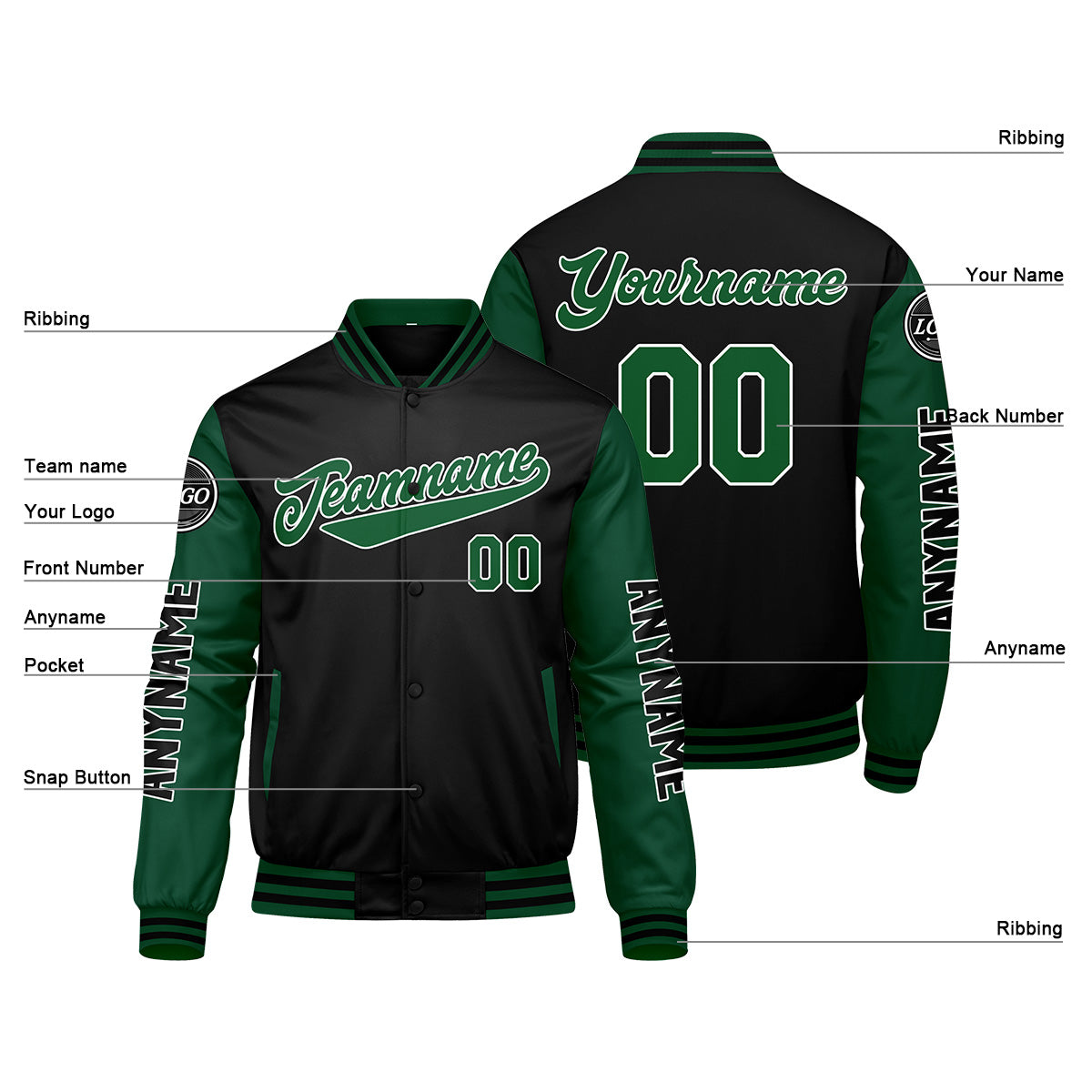 Custom Green Black Varsity Jackets for Men Women Youth Personalized Letterman Jackets