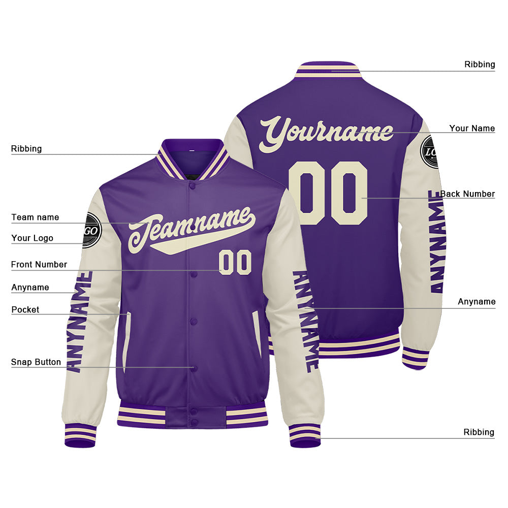 Custom Purple Cream Varsity Jackets for Men Women Youth Personalized Letterman Jackets