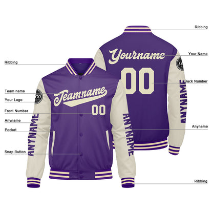 Custom Purple Cream Varsity Jackets for Men Women Youth Personalized Letterman Jackets