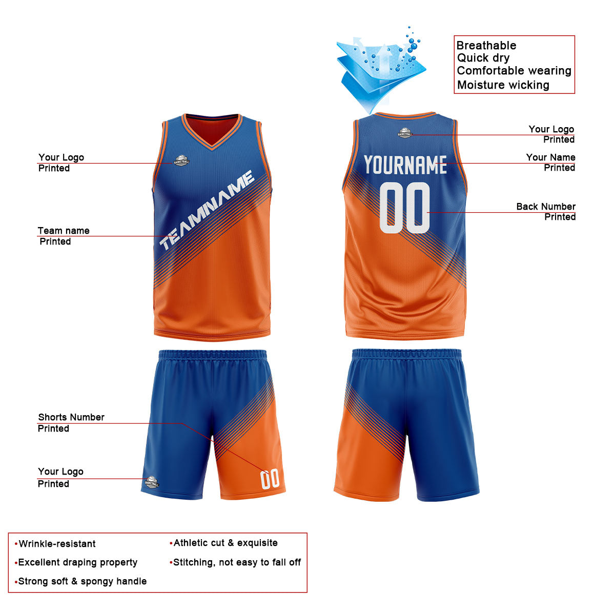 Custom Blue Orange Reversible Basketball Suit for Adults and Kids Personalized Jersey