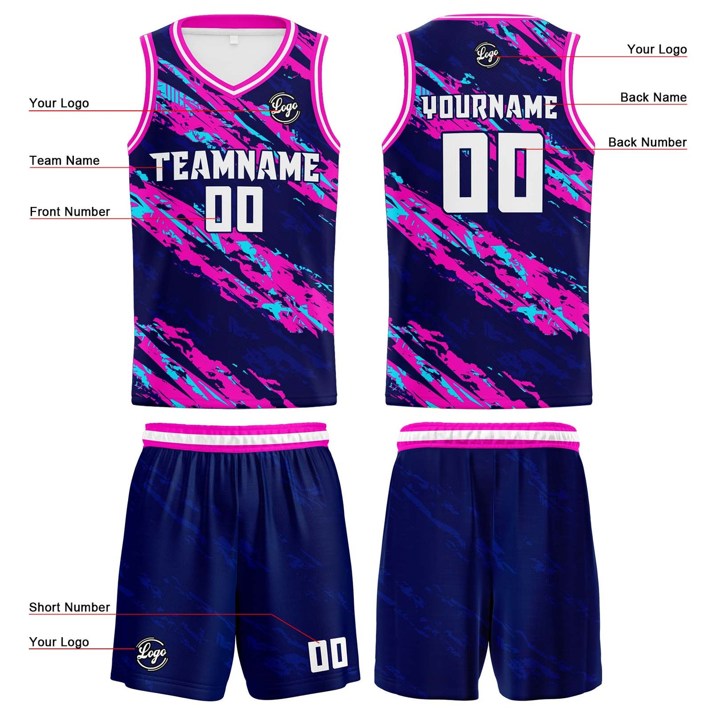 Custom Navy Pink Reversible Basketball Suit for Adults and Kids Personalized Jersey