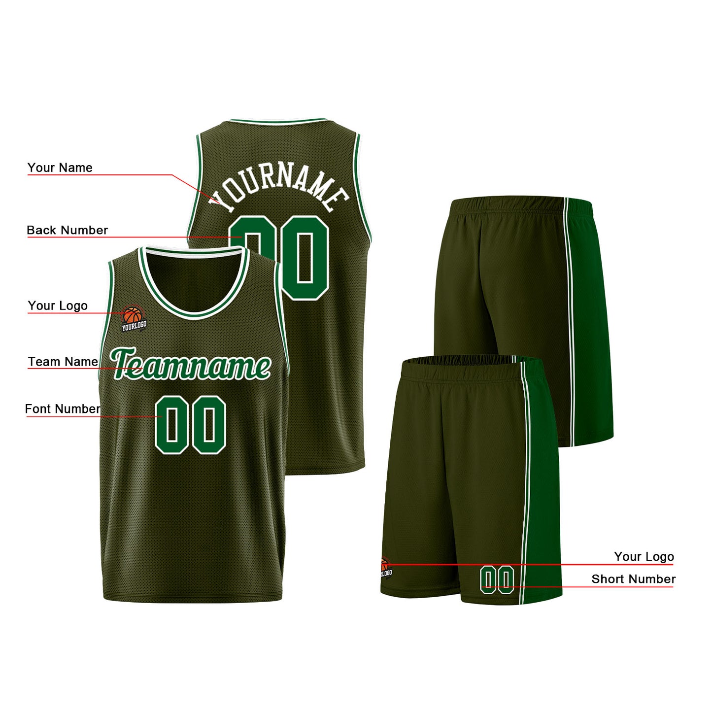 Custom Army Green-Green Basketball Jersey for Men Women Adult Youth Stitched Name Number Logo