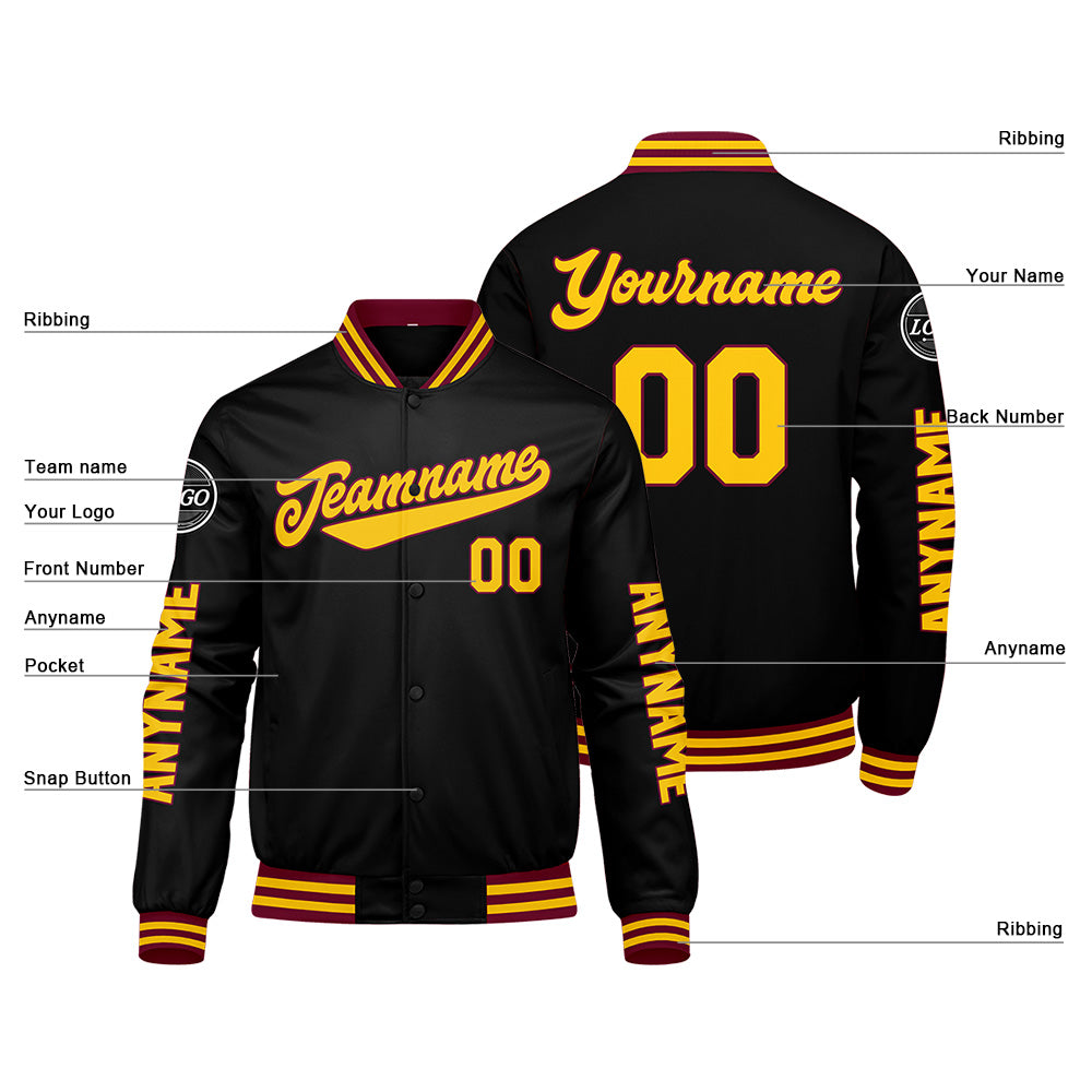 Custom Crimson Black Yellow Varsity Jackets for Men Women Youth Personalized Letterman Jackets