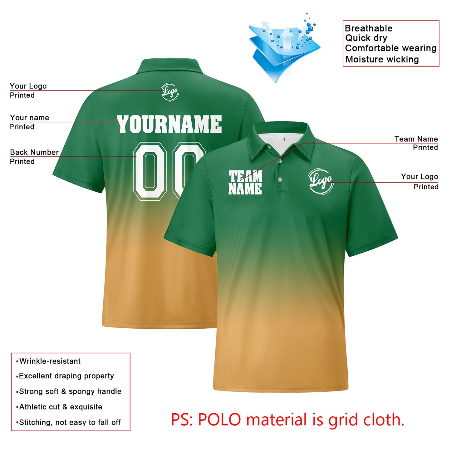 Custom Green Yellow Football Gradient Polo Shirts  Add Your Unique Logo/Name/Number