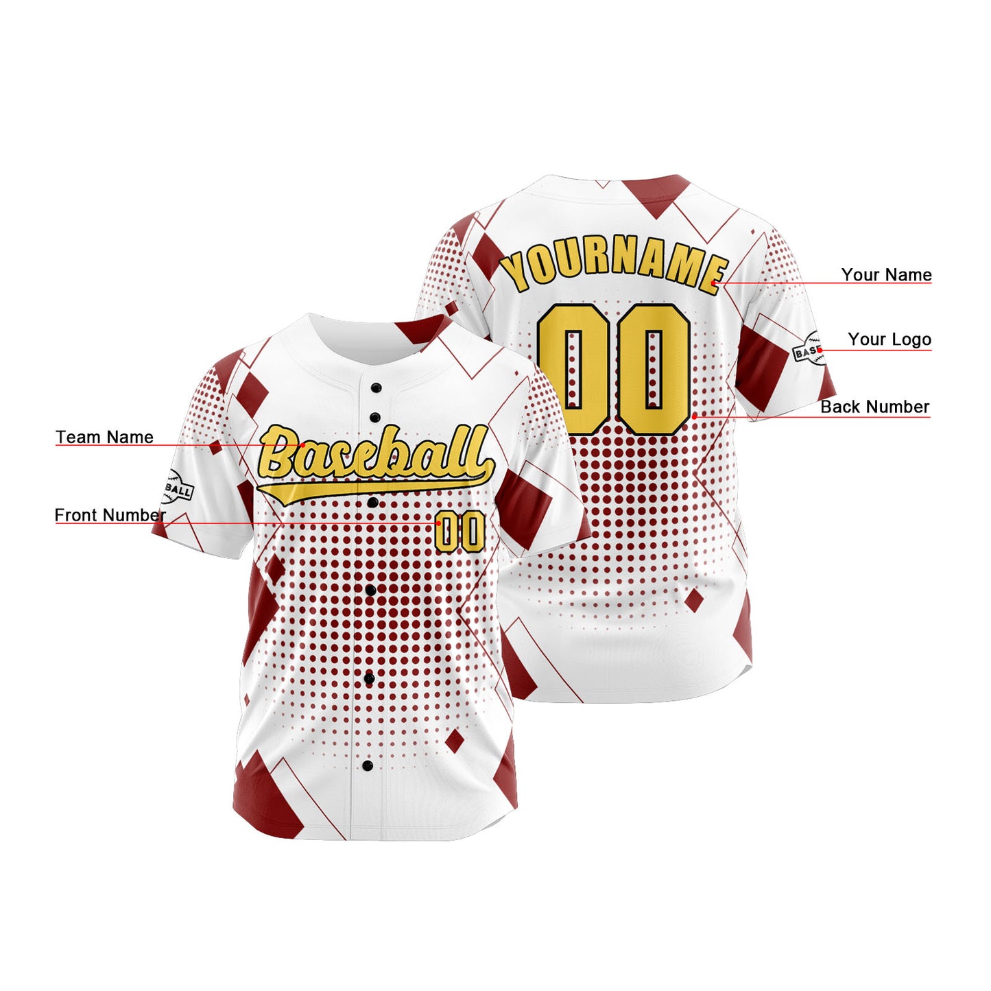 Custom White Red Button Down Baseball Jersey for Men Women Adult Youth Print Name Number Logo