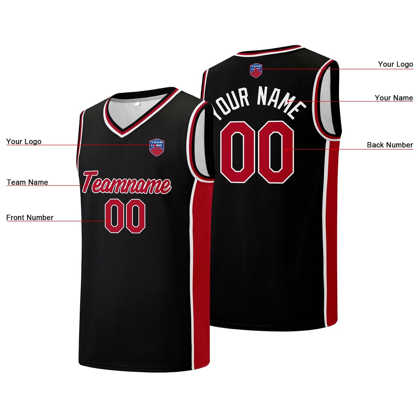 Custom basketball jersey shorts for men and women. Embroidered and printed name, number and logo Black