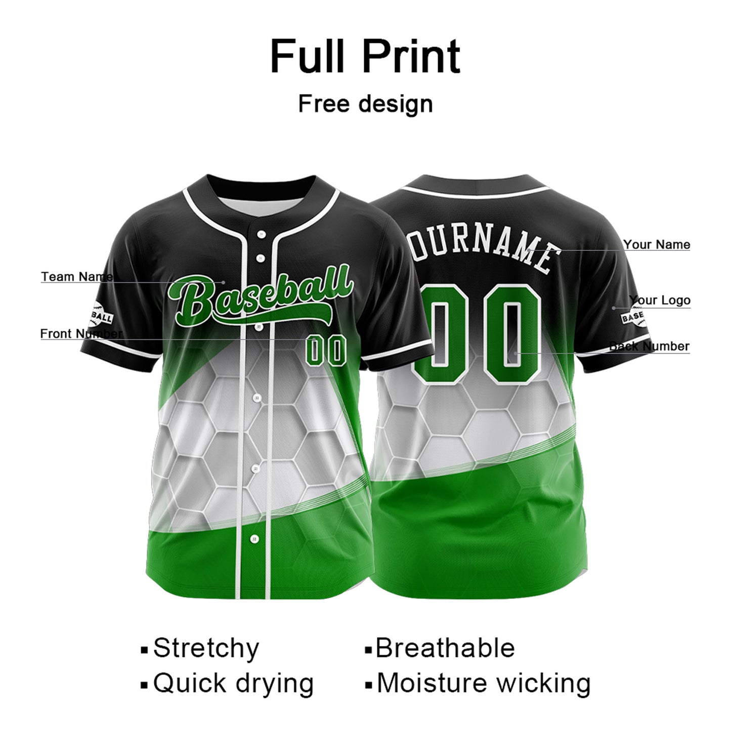 Custom Black Green Button Down Baseball Jersey for Men Women Adult Youth Print Name Number Logo