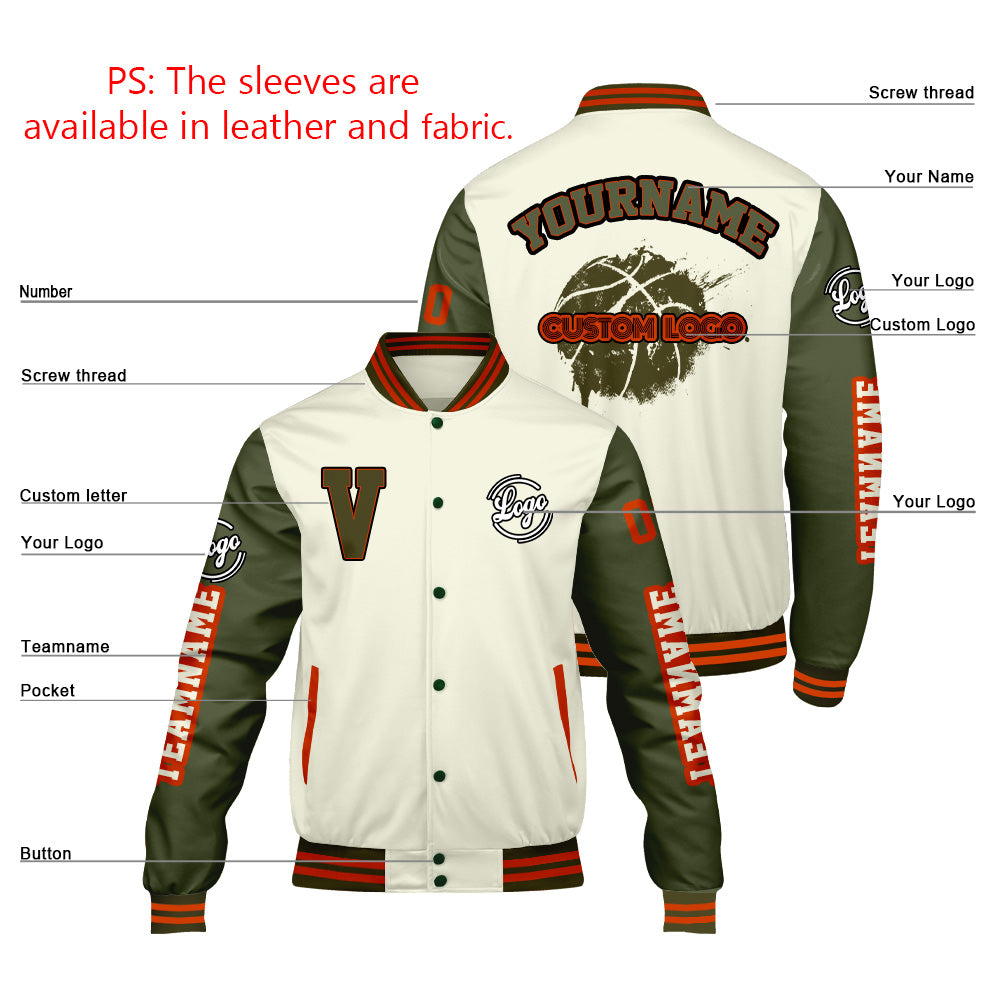 Custom Cream Olive Green Varsity Jackets for Men Women Youth Personalized Letterman Jackets
