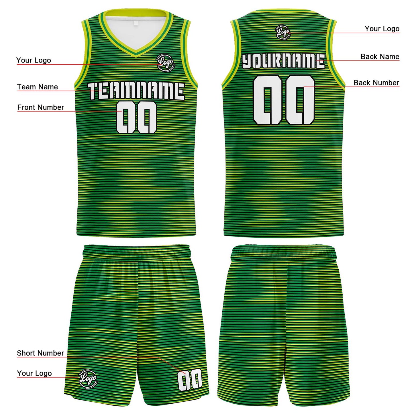 Custom Green Reversible Basketball Suit for Adults and Kids Personalized Jersey