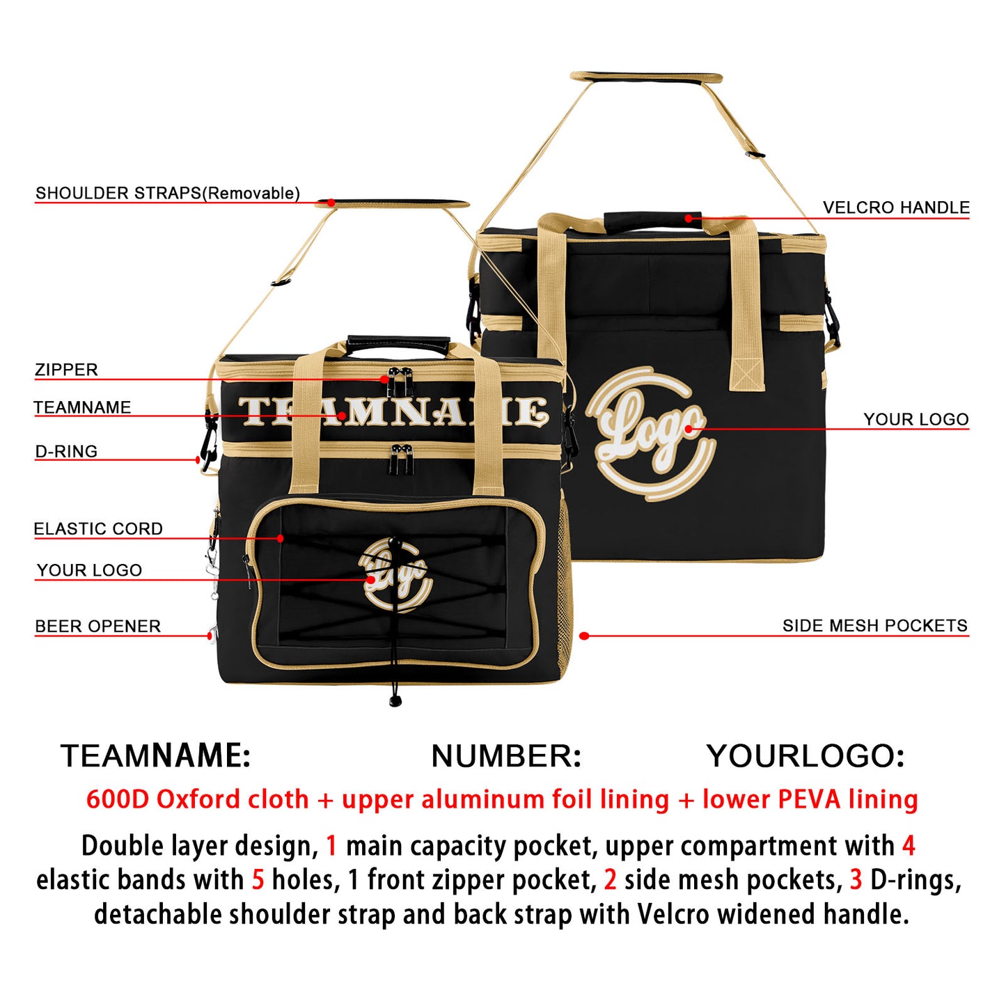 Custom Black Beige Double Layer Insulated Cooler Bag - 600D Oxford Waterproof Picnic Tote for Camping, Hiking & BBQ - Large Capacity Thermal Lunch Bag