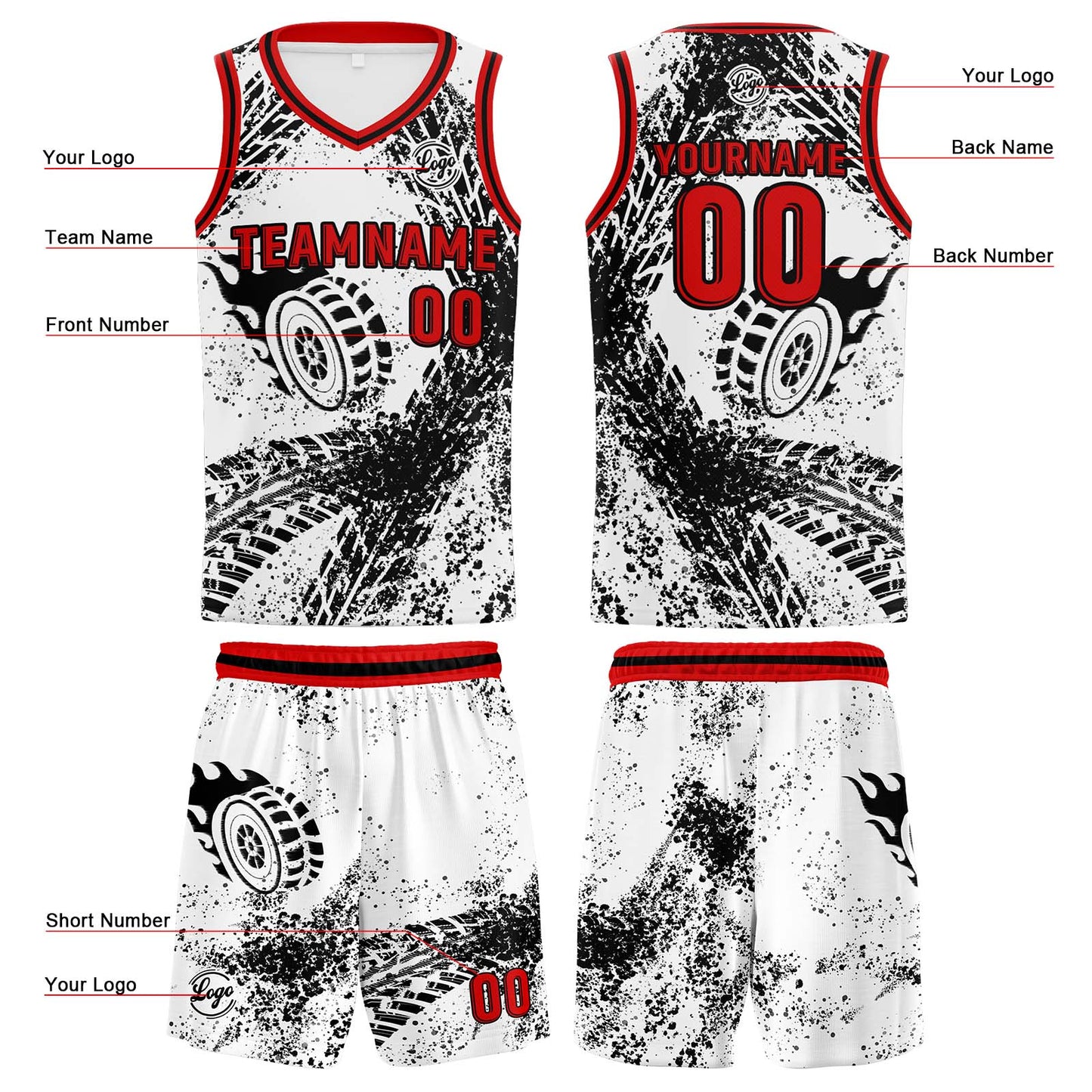 Custom White Black Red Basketball Jersey Uniform Suit Printed Your Logo Name Number