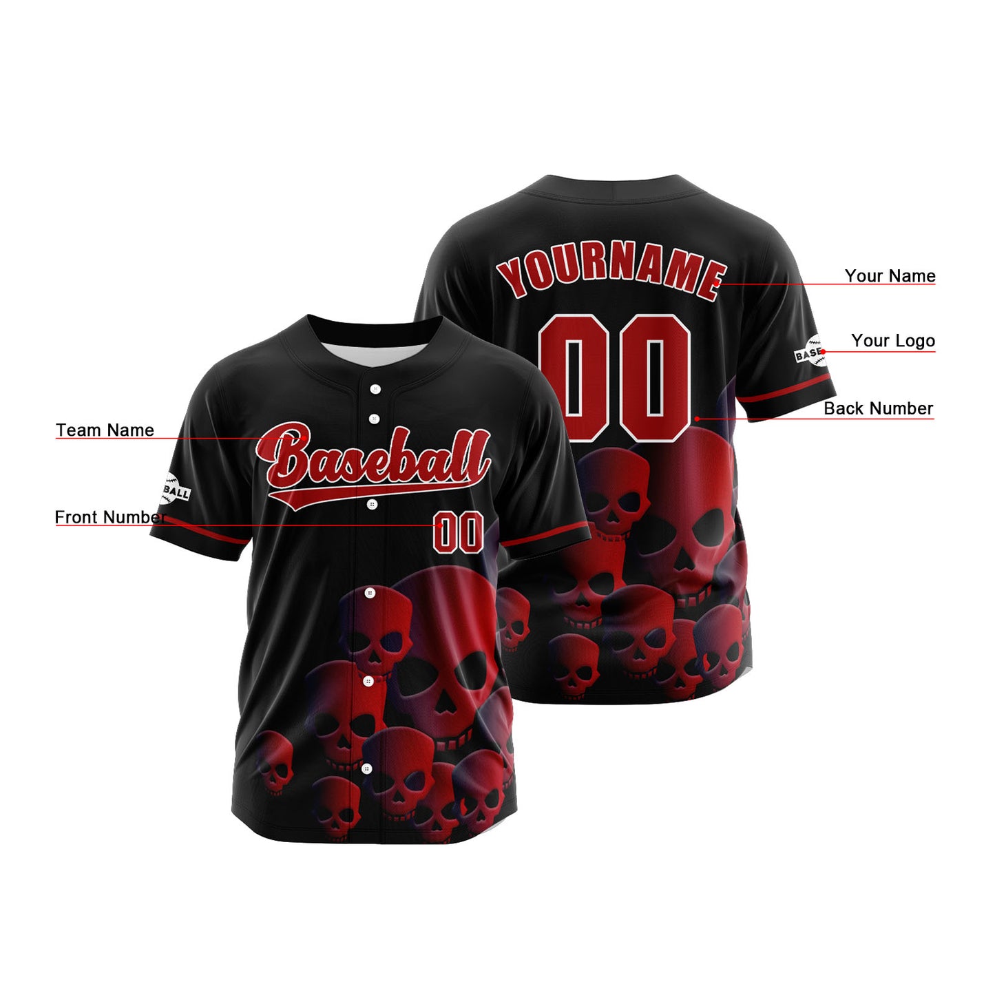 Custom Black Red Button Down Baseball Jersey for Men Women Adult Youth Print Name Number Logo