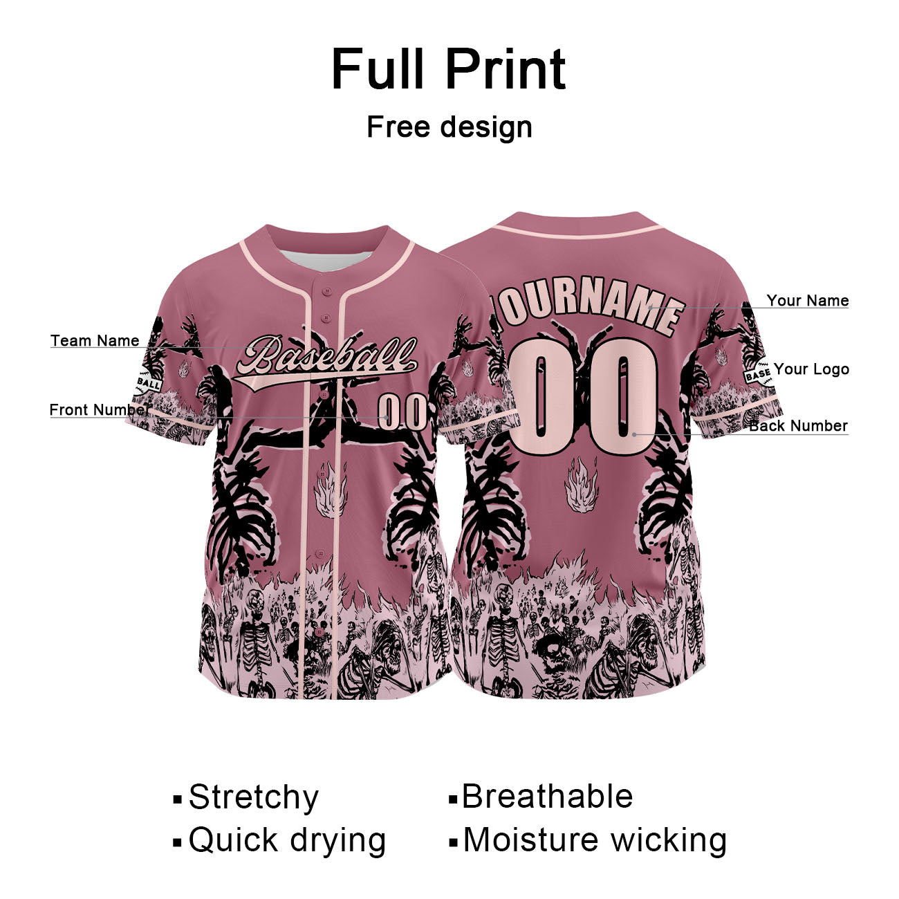 Custom Pink Baseball Jersey Print Personalized Name, Number and Logo