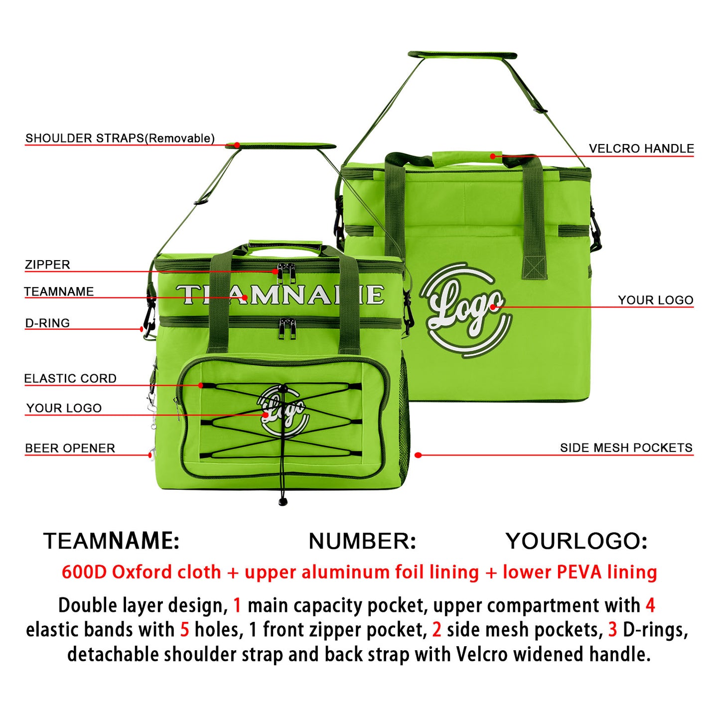 Custom Green Dark Green Double Layer Insulated Cooler Bag - 600D Oxford Waterproof Picnic Tote for Camping, Hiking & BBQ - Large Capacity Thermal Lunch Bag