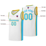 Custom basketball jersey shorts for men and women. Embroidered and printed name, number and logo White&Light Blue