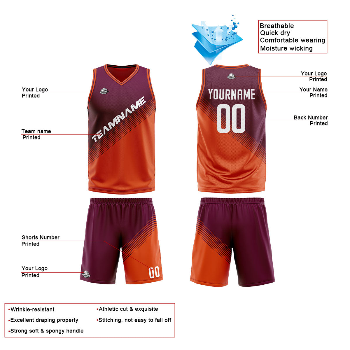 Custom Purple Orange Reversible Basketball Suit for Adults and Kids Personalized Jersey