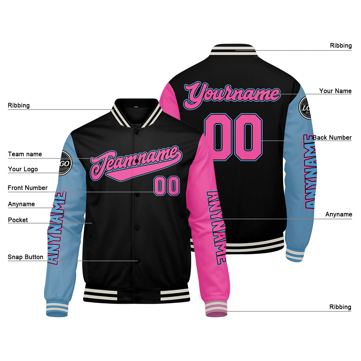 Custom Black Light Blue Pink Varsity Jackets for Men Women Youth Personalized Letterman Jackets