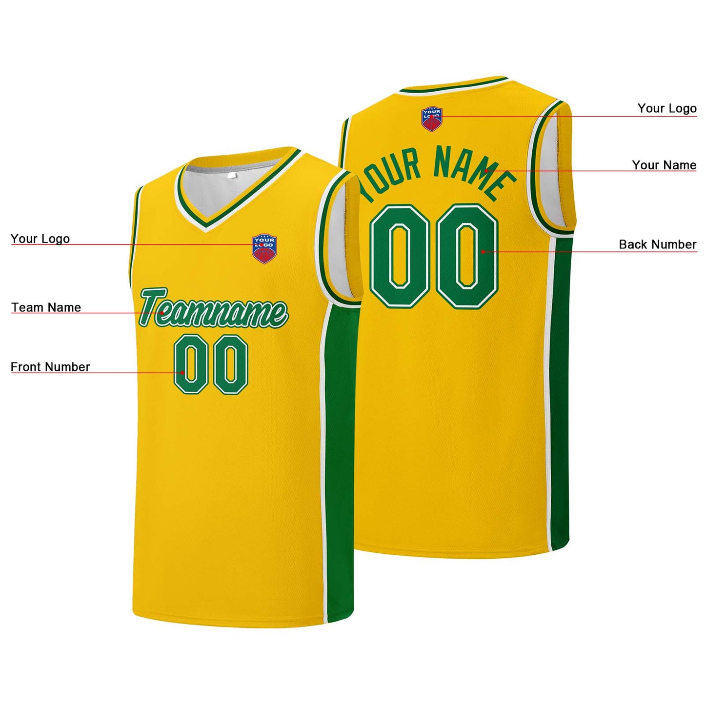 Custom basketball jersey shorts for men and women. Embroidered and printed name, number and logo Yellow&Green