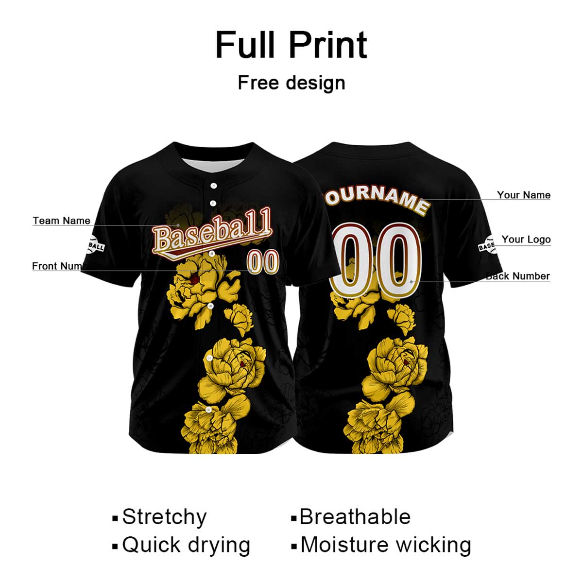 Custom Black Baseball Jersey Print Personalized Name, Number and Logo