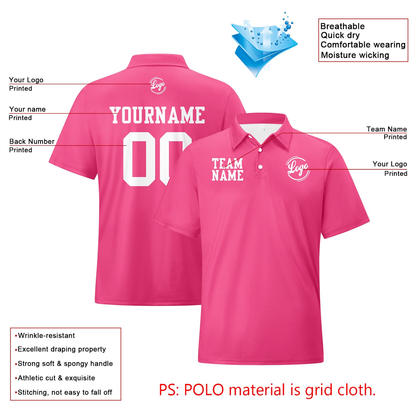 Custom Pink White Football Polo Shirts  Add Your Unique Logo/Name/Number