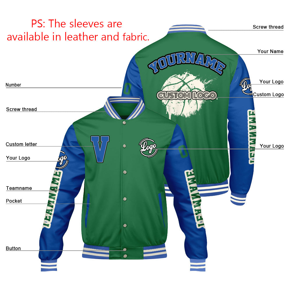 Custom Grass Green Color Blue  Varsity Jackets for Men Women Youth Personalized Letterman Jackets
