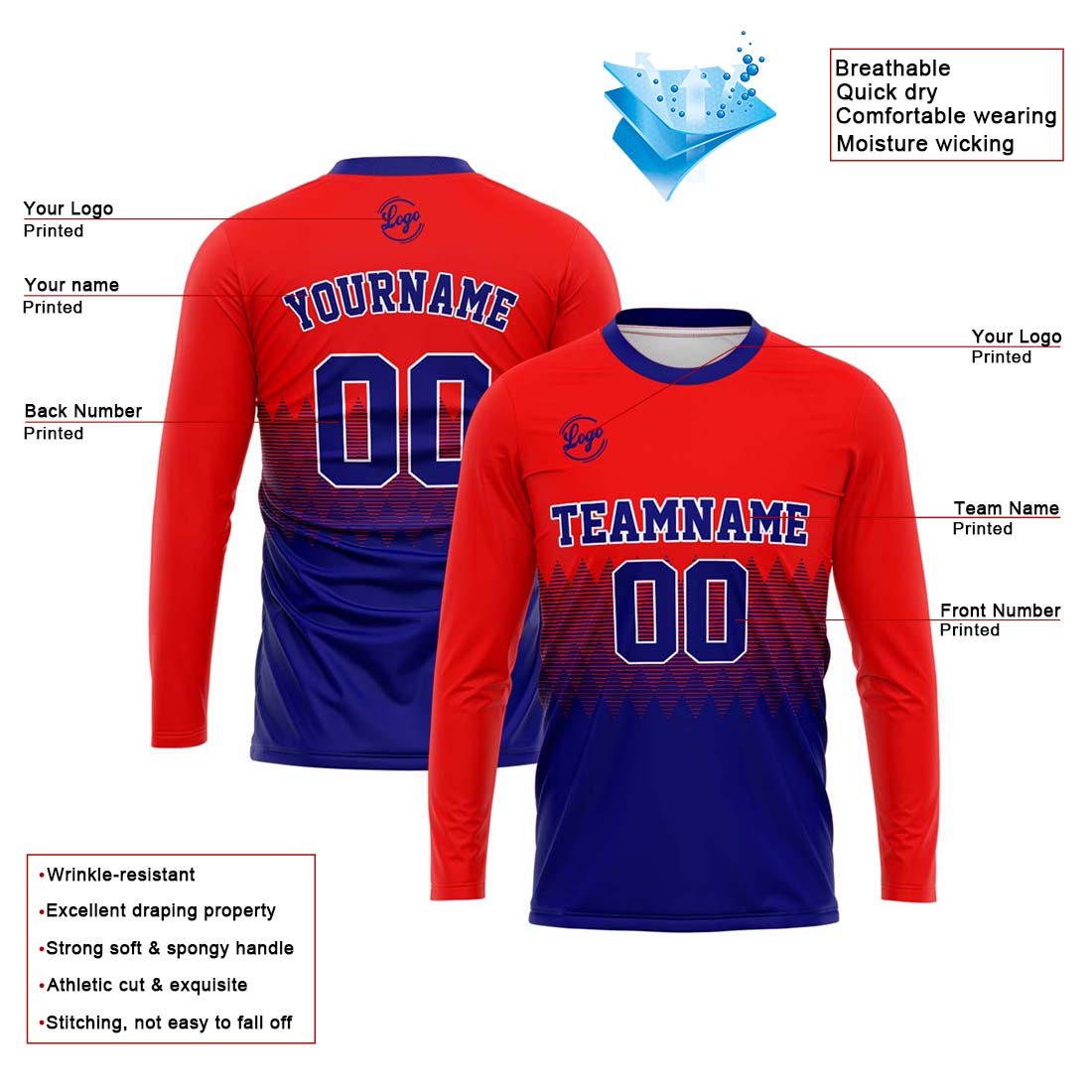 Custom Basketball Soccer Football Shooting Long T-Shirt for Adults and Kids Red&Royal
