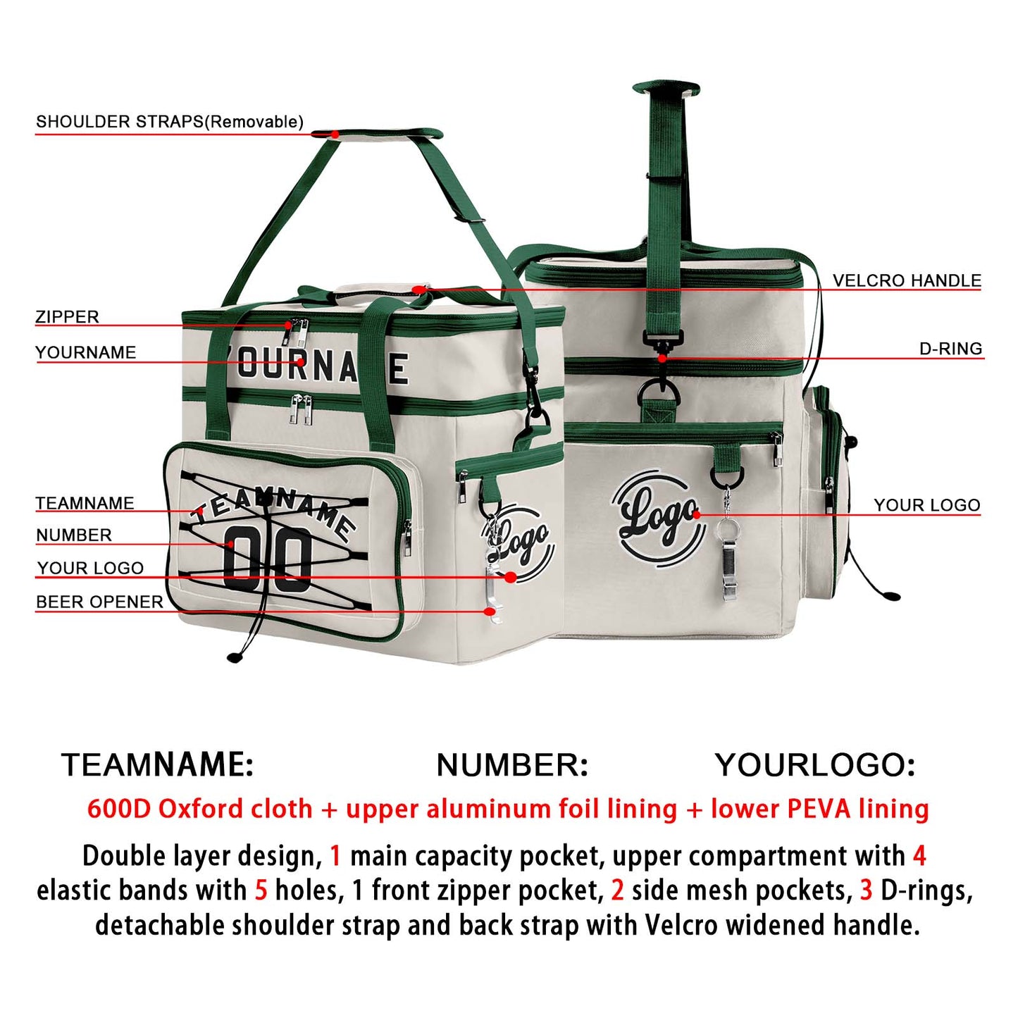 Custom Grey Green All-Over Print Double Layer Insulated Cooler Bag - Waterproof 600D Oxford Picnic Tote for Team Events & Outdoor BBQ
