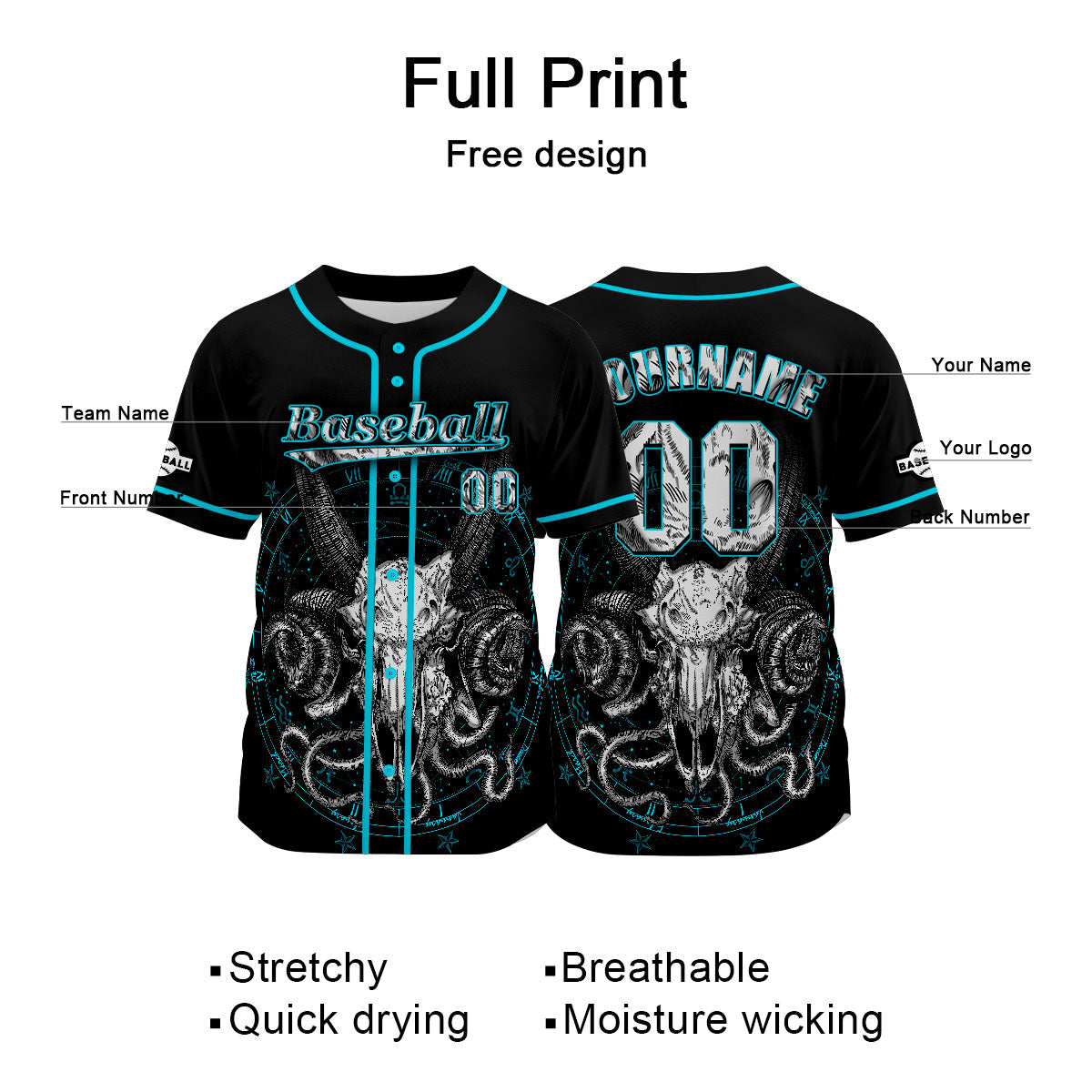 Custom Blue Baseball Jersey Print Personalized Name, Number and Logo