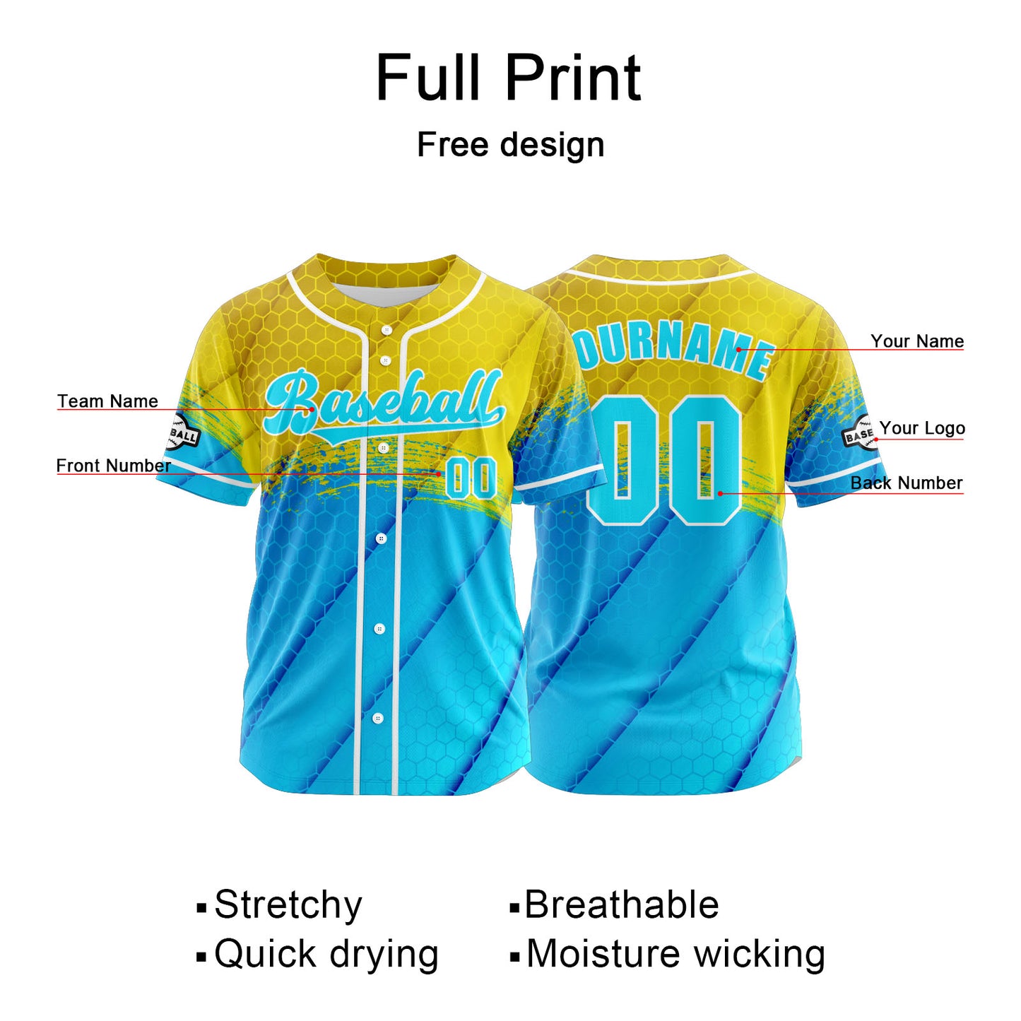 Custom Yellow Blue Button Down Baseball Jersey for Men Women Adult Youth Print Name Number Logo