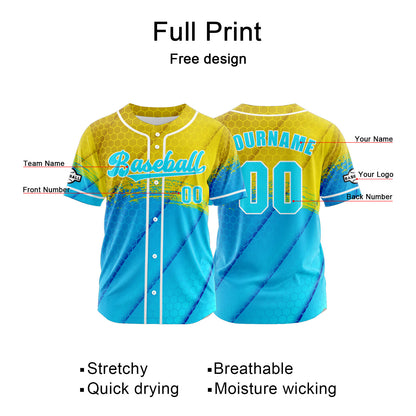 Custom Yellow Blue Button Down Baseball Jersey for Men Women Adult Youth Print Name Number Logo