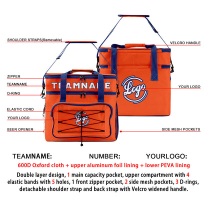 Custom Orange Dark Blue Double Layer Insulated Cooler Bag - 600D Oxford Waterproof Picnic Tote for Camping, Hiking & BBQ - Large Capacity Thermal Lunch Bag