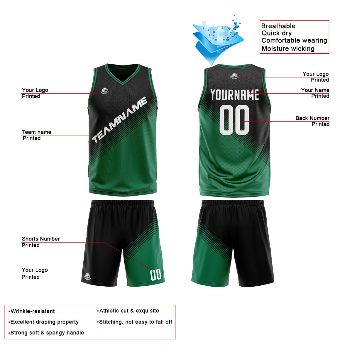 Custom Black Green Reversible Basketball Suit for Adults and Kids Personalized Jersey