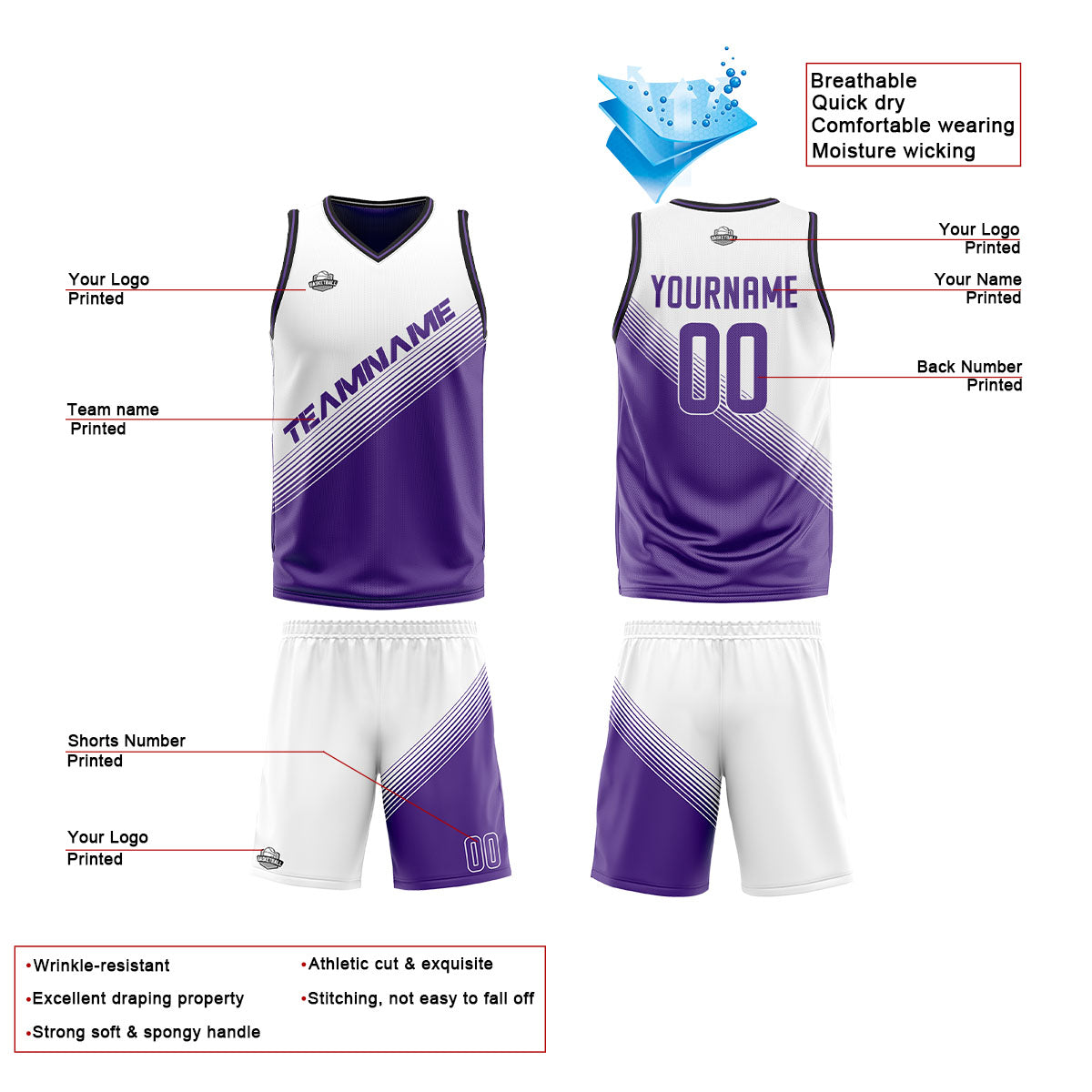 Custom White Purple Reversible Basketball Suit for Adults and Kids Personalized Jersey