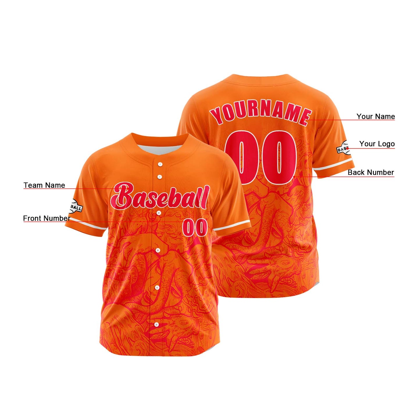 Custom Orange Button Down Baseball Jersey for Men Women Adult Youth Print Name Number Logo