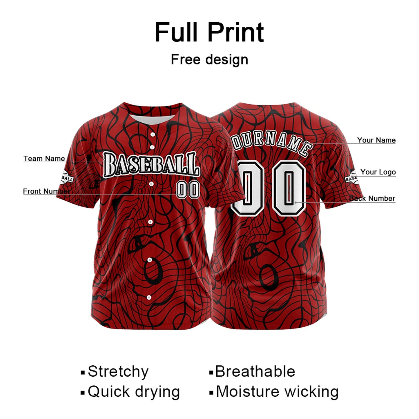 Custom Red Button Down Baseball Jersey for Men Women Adult Youth Print Name Number Logo